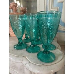 Vintage 6 French Teal Pressed Glass Fruit Glasses Goblets Cristal DArques-Durand